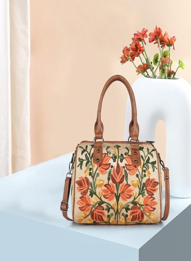 EVEDA Women Floral Embroidered Shoulder Bag, Vintage Style Handbag with Leather Handles,Sling Strap with Botanical Design (Beige) - Image 4